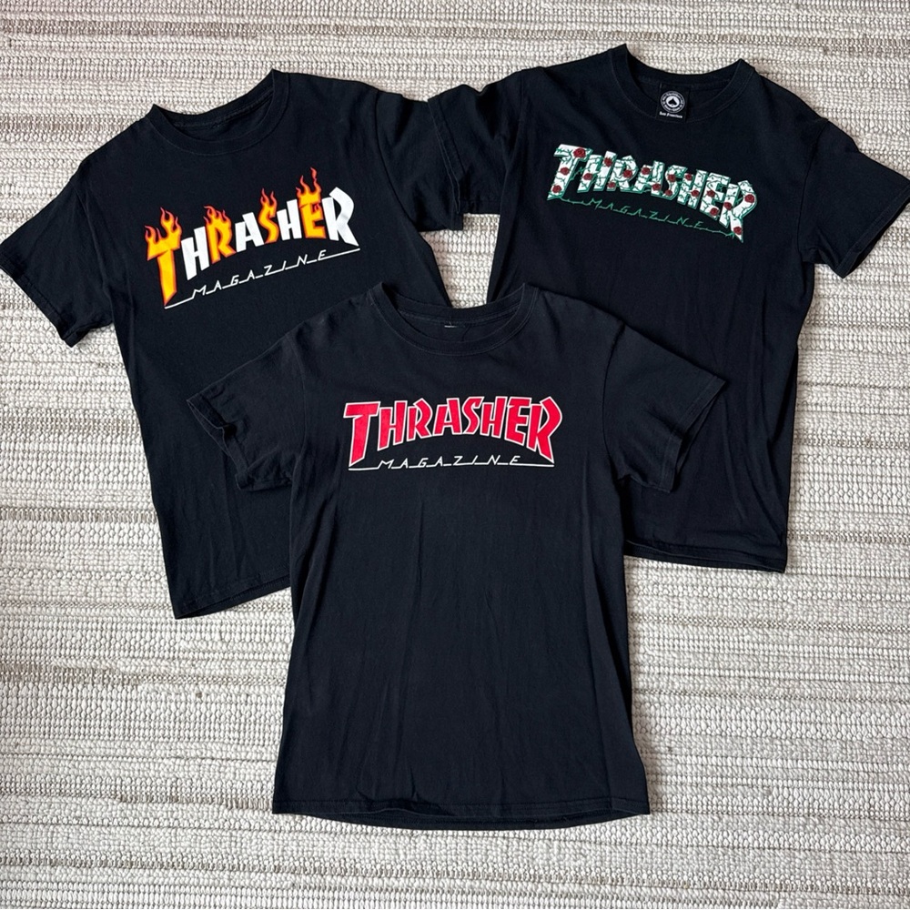 Thrasher Magazine T-Shirt LOT 3 Black Skater Orange Fire Logo Rose Thorn Logo